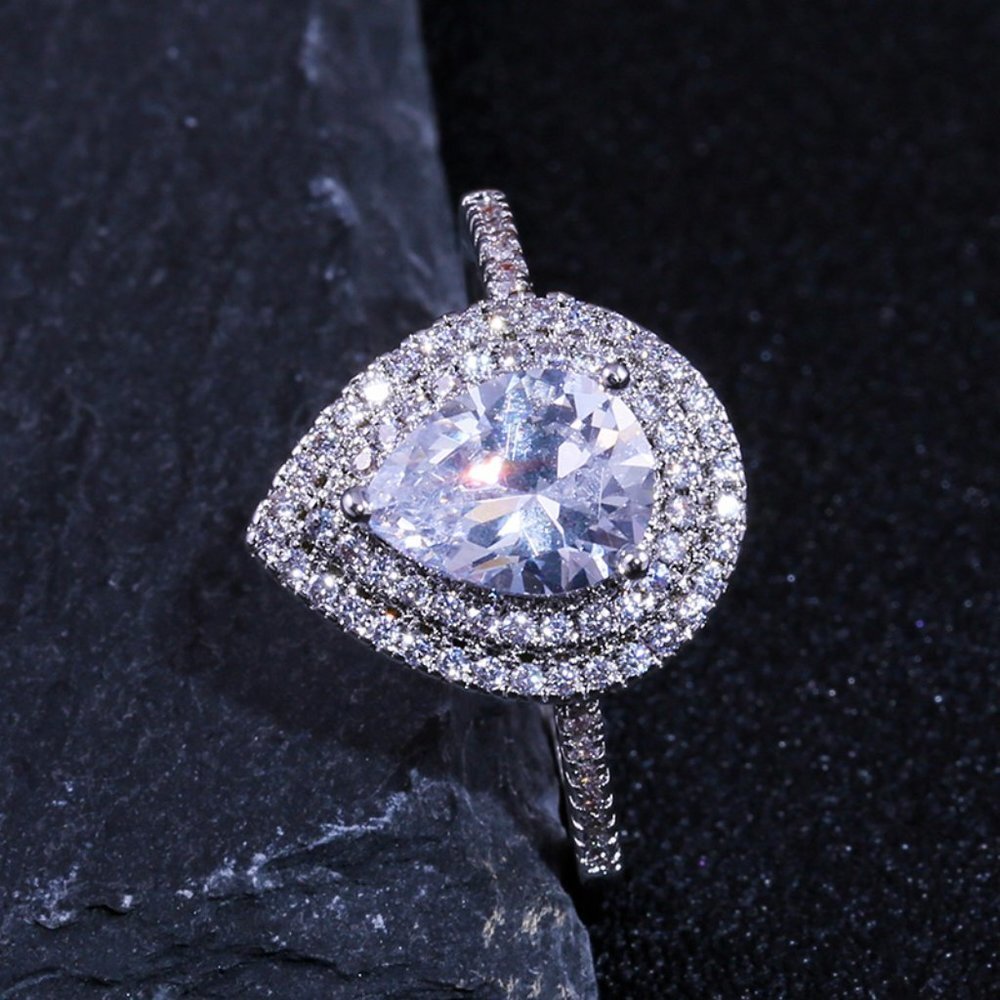 "Wedding Large Pear Double Layer Water Drop Silver Ring for Women, VIP505